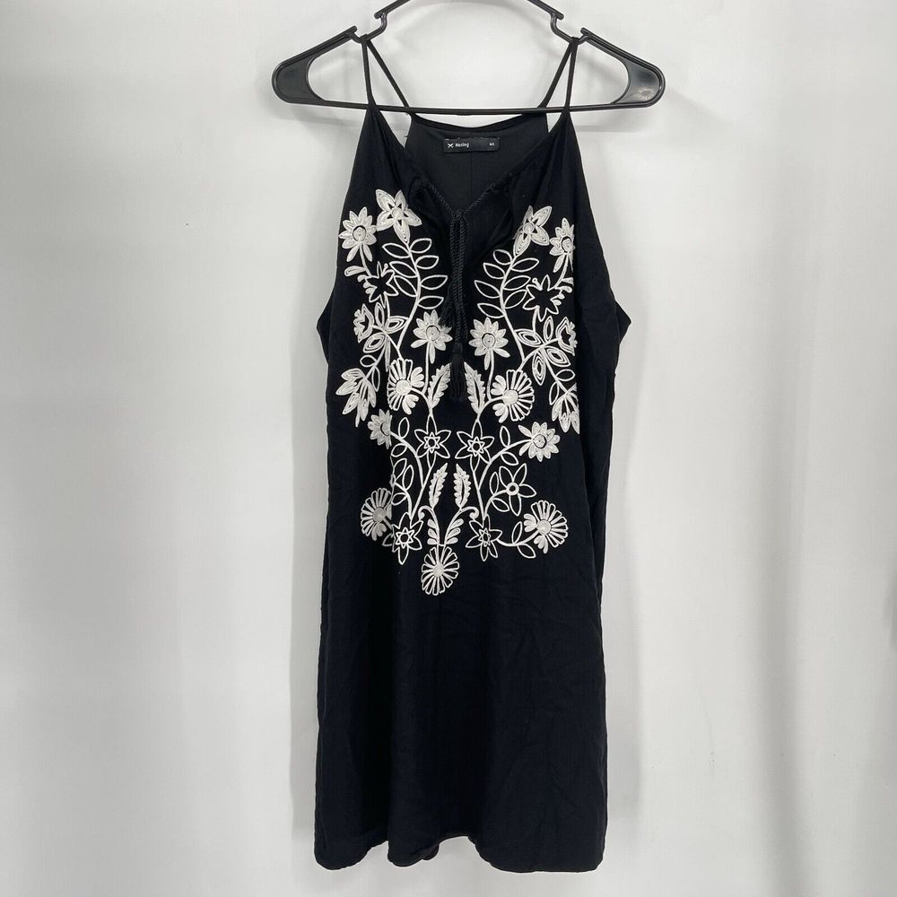 Hering G/L‎ Mini Dress Womens Black White Floral Embroidered Boho Tassel Halter